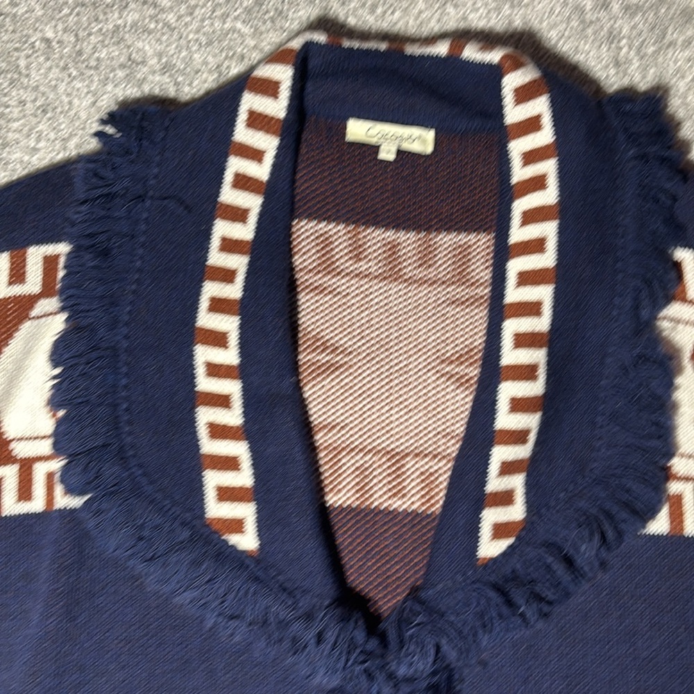 Cocogio sweater chunky open frontItalian wool cardigan fringe navy Aztec small - Picture 6 of 12
